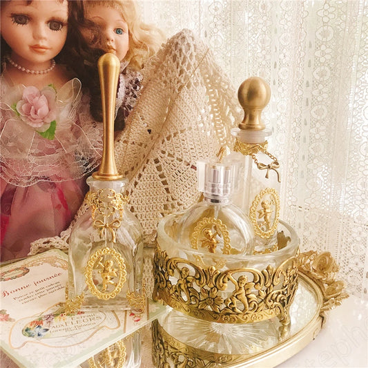 Botella de Vidrio de Perfume de Ángel Francés | Vintage Europeo de Cobre con Cristal | Botella de Aromaterapia y Adorno Decorativo para Tocador