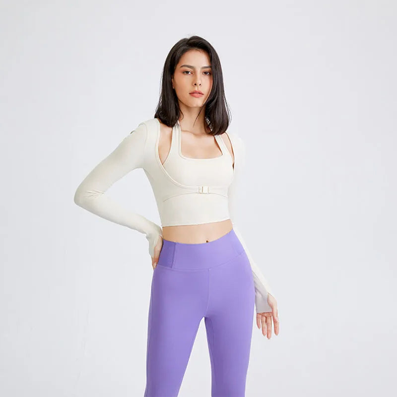 Camiseta Deportiva de Manga Larga para Mujer, 2 en 1 Top Corto para Fitness, Entrenamiento, Yoga, Gimnasio