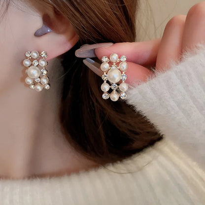 Conjunto de Collar y Pendientes Rectangulares de Perlas de Diamantes de Imitación (3 Piezas)