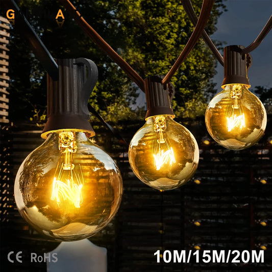 Cadena de luz de tungsteno G40 para exteriores, bombillas incandescentes, globo incandescente, enchufe europeo y estadounidense, 7W, resistente al agua IP44, cadena de luz de hadas