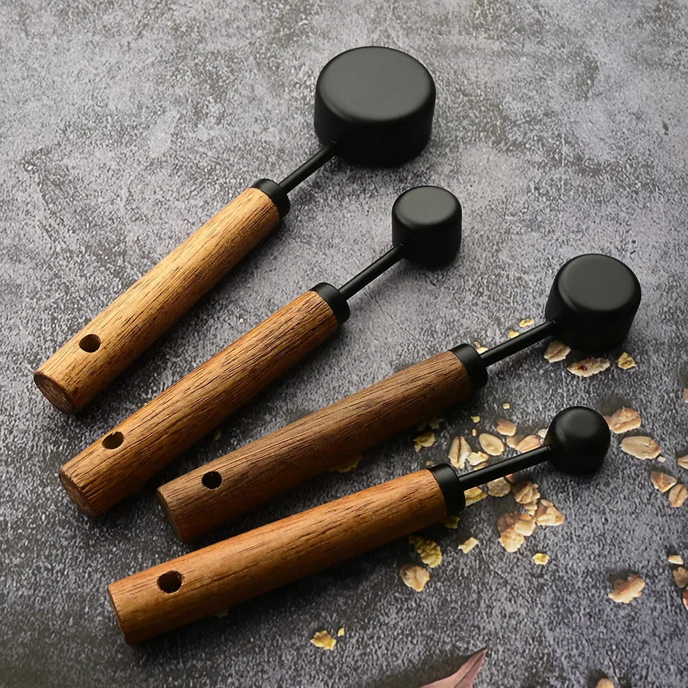 Tazas Medidoras de Acero Inoxidable con Mango de Madera (4/8 Piezas) - Herramientas de Cocina para Repostería y Medición Precisa