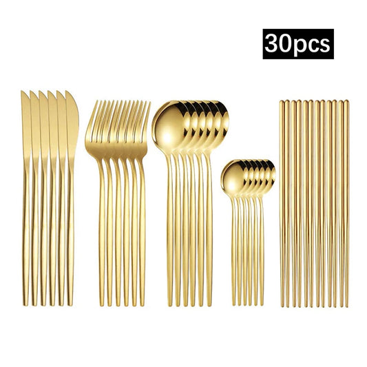Set de Cubertería de Acero Inoxidable Dorado Portugués | 6 Pzas o 30 Pzas - Cuchillo, Tenedor, Cuchara, Cucharita y Palillos de Alta Calidad