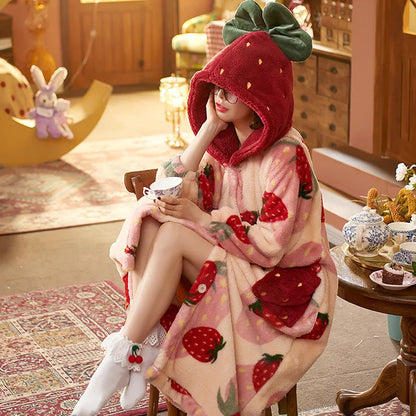 Pijama de franela con capucha para mujer, Chaqueta larga con dibujos animados, para el hogar ropa bonita, albornoz cálido y cómodo de invierno