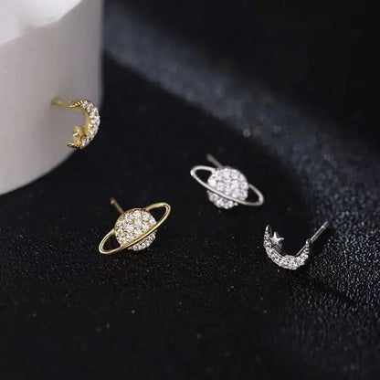 Pendientes Asimétricos de Estrella y Luna con Zirconia - Plata 925 para Piercing Tragus y Cartílago