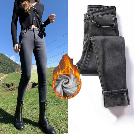 Pantalones vaqueros cálidos de invierno para mujer, vaqueros gruesos elásticos, informales, 2023