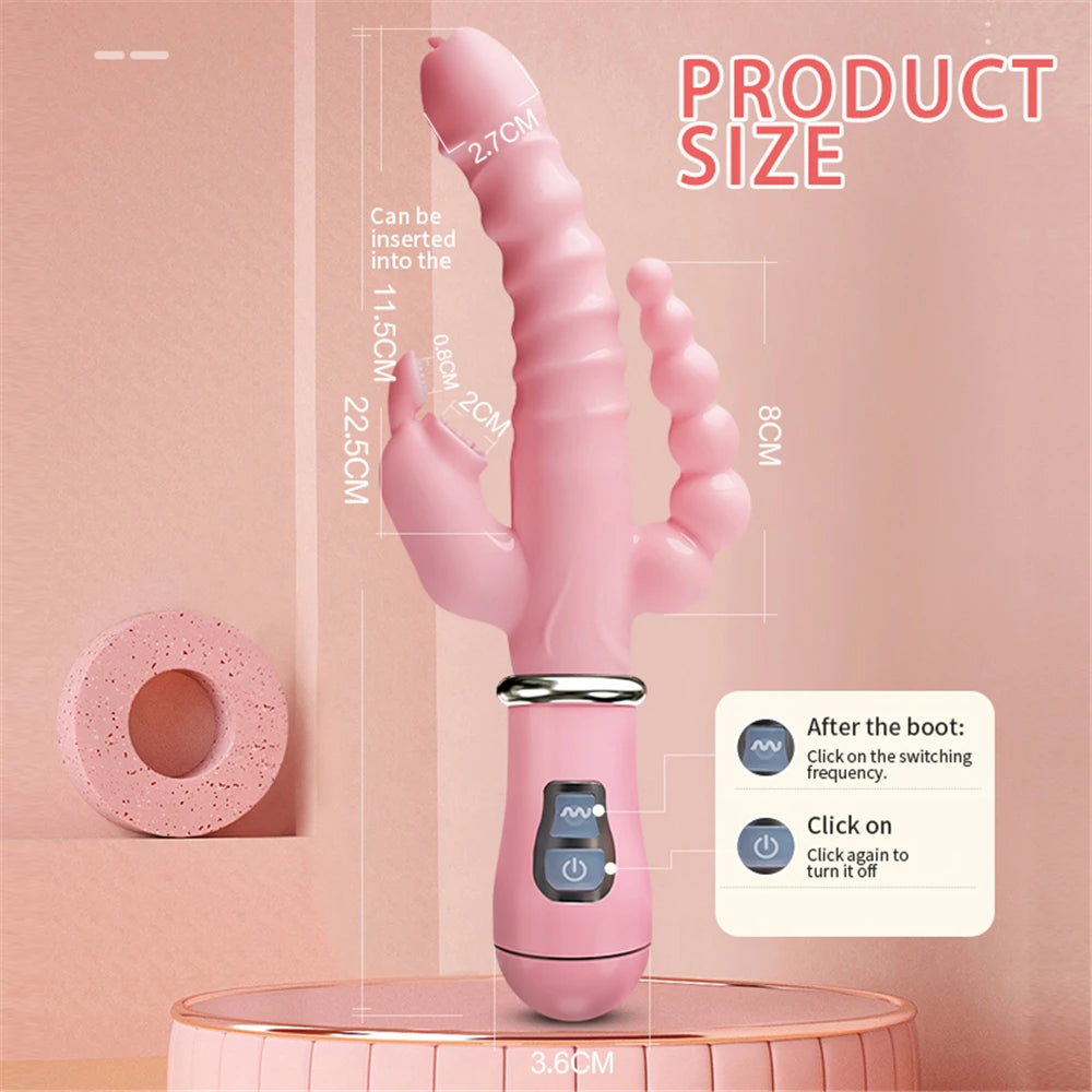 Consolador Vibrador 3 en 1 para Mujeres, Estimulador de Punto G, Clítoris y Tapón Anal, 12 Frecuencias de Vibración