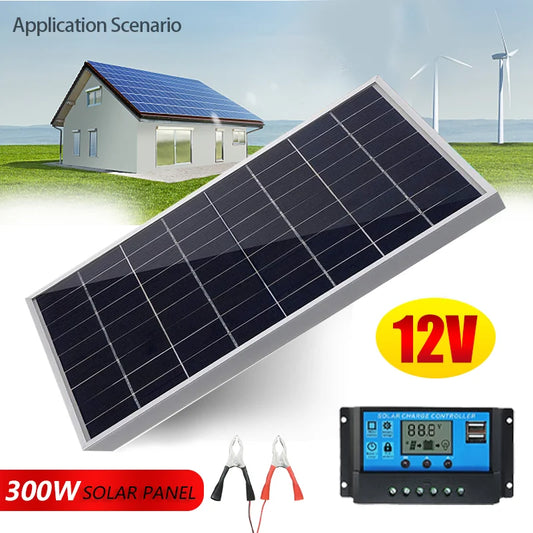 Kit de Panel Solar de 300W 12V Completo, Célula Solar de Policristalino USB Portátil para Generador Solar Recargable en Exteriores