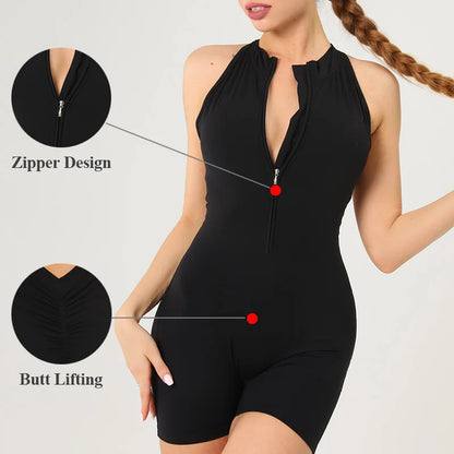 Conjunto de Gimnasio Scrunch Jumpsuit para Mujer | Traje Deportivo de Yoga con Cremallera y Pantalones Cortos de Cintura Alta | Ropa de Ejercicio de Secado Rápido