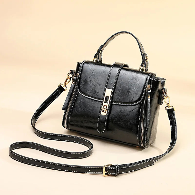 Bolso de piel auténtica con doble cremallera para mujer, bandolera de piel de vaca auténtica, decoración con cierre, de lujo