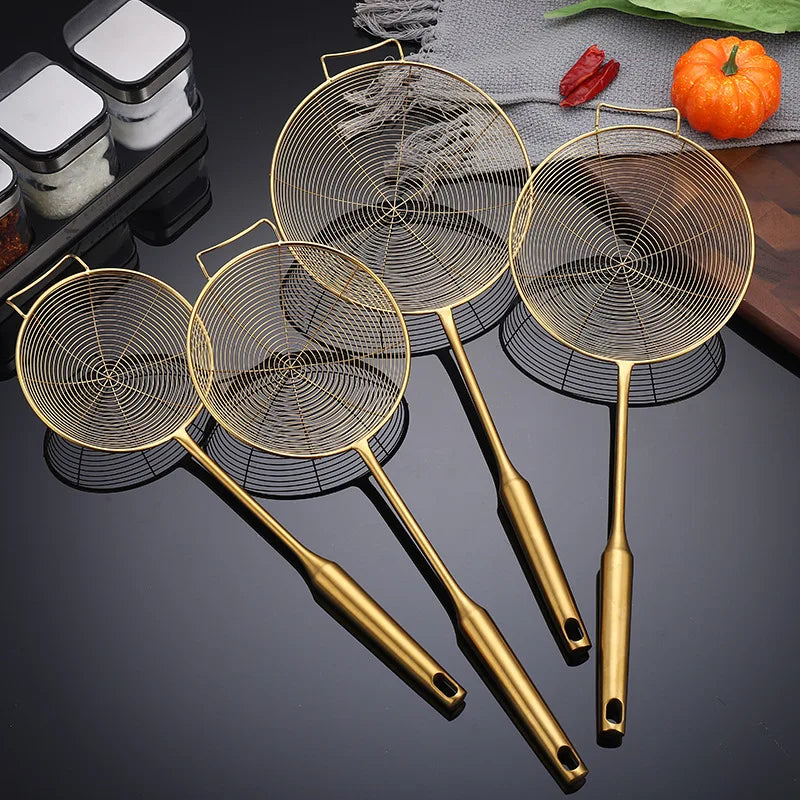 Colador de Espumador de Acero Inoxidable Dorado - Herramienta de Cocina para Freír y Filtrar Aceites