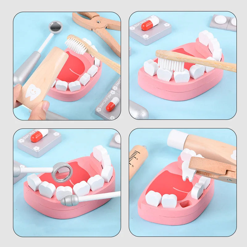 Juguetes Educativos de Simulación de Dentista de Madera, Set de Role Playing para Niños, Juego de Cepillado de Dientes y Medicina