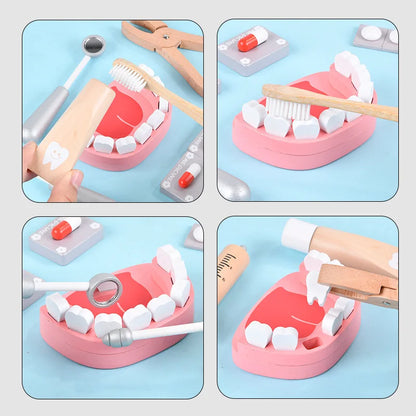 Juguetes Educativos de Simulación de Dentista de Madera, Set de Role Playing para Niños, Juego de Cepillado de Dientes y Medicina