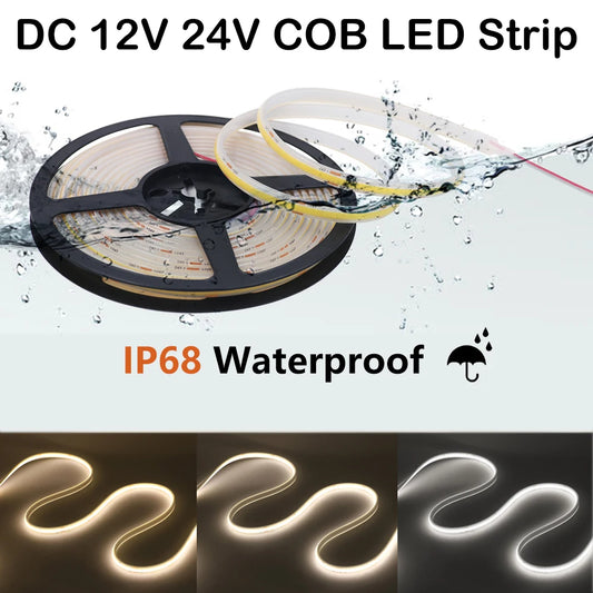 Tira de luces LED COB impermeable IP68, 12V, 24V, 320LED/m, cinta Flexible FOB para iluminación exterior de Sauna, piscina