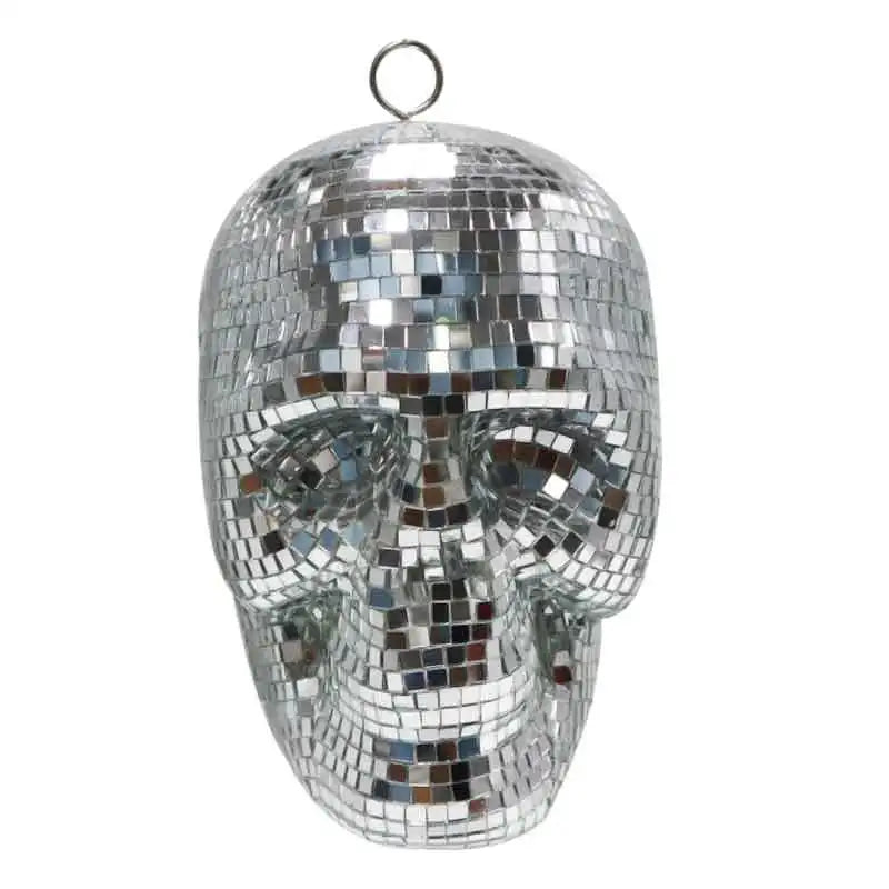 Bola de Discoteca Colgante de Calavera Plateada, Dorada y Púrpura - Adorno Reflectante de Espejo para Decoración Interior