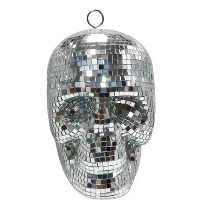 Bola de Discoteca Colgante de Calavera Plateada, Dorada y Púrpura - Adorno Reflectante de Espejo para Decoración Interior