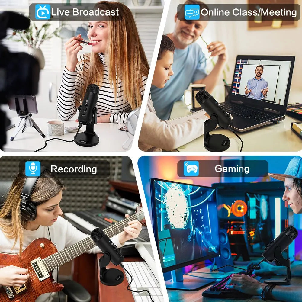Micrófono USB para PC, Mac, Gaming, Grabación y Streaming | Micrófono Condensador con Adaptador para Teléfono y Salida de Auriculares