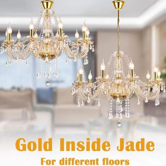 Candelabro de Techo de Cristal Dorado para Dormitorio, Comedor y Sala de Estar, Clásico Colgante de Vela