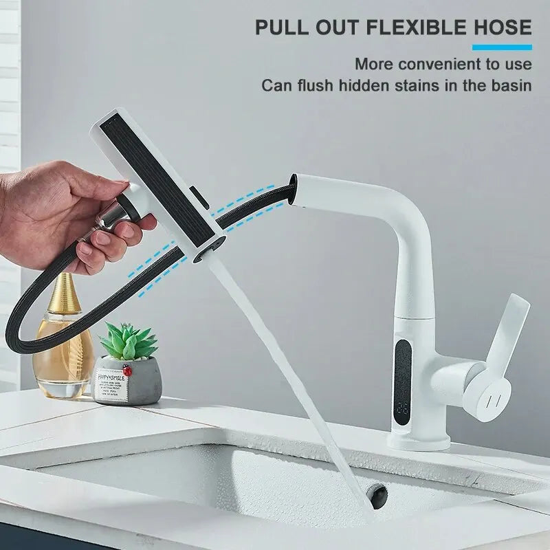 Grifo de Lavabo con Pantalla Digital de Temperatura | Mezclador de Agua Fría y Caliente | Caño Retráctil y Rocío 3 en 1