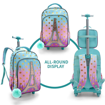 Set 3PCS Mochila Escolar con Ruedas para Niñas - Diseño Torre Eiffel Rosa con Lentejuelas y Función Brilla en la Oscuridad