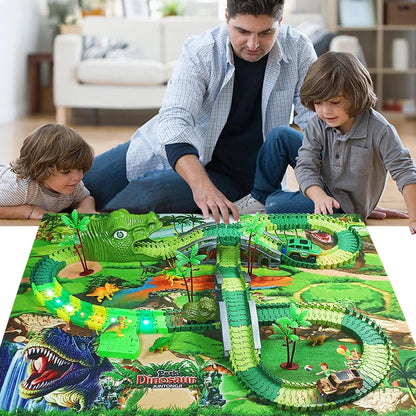 Set de Juguete de Dinosaurios con Pistas Flexibles, Coche de Carreras con Luces Flash, Juguete Educativo para Niños, Regalo de Cumpleaños