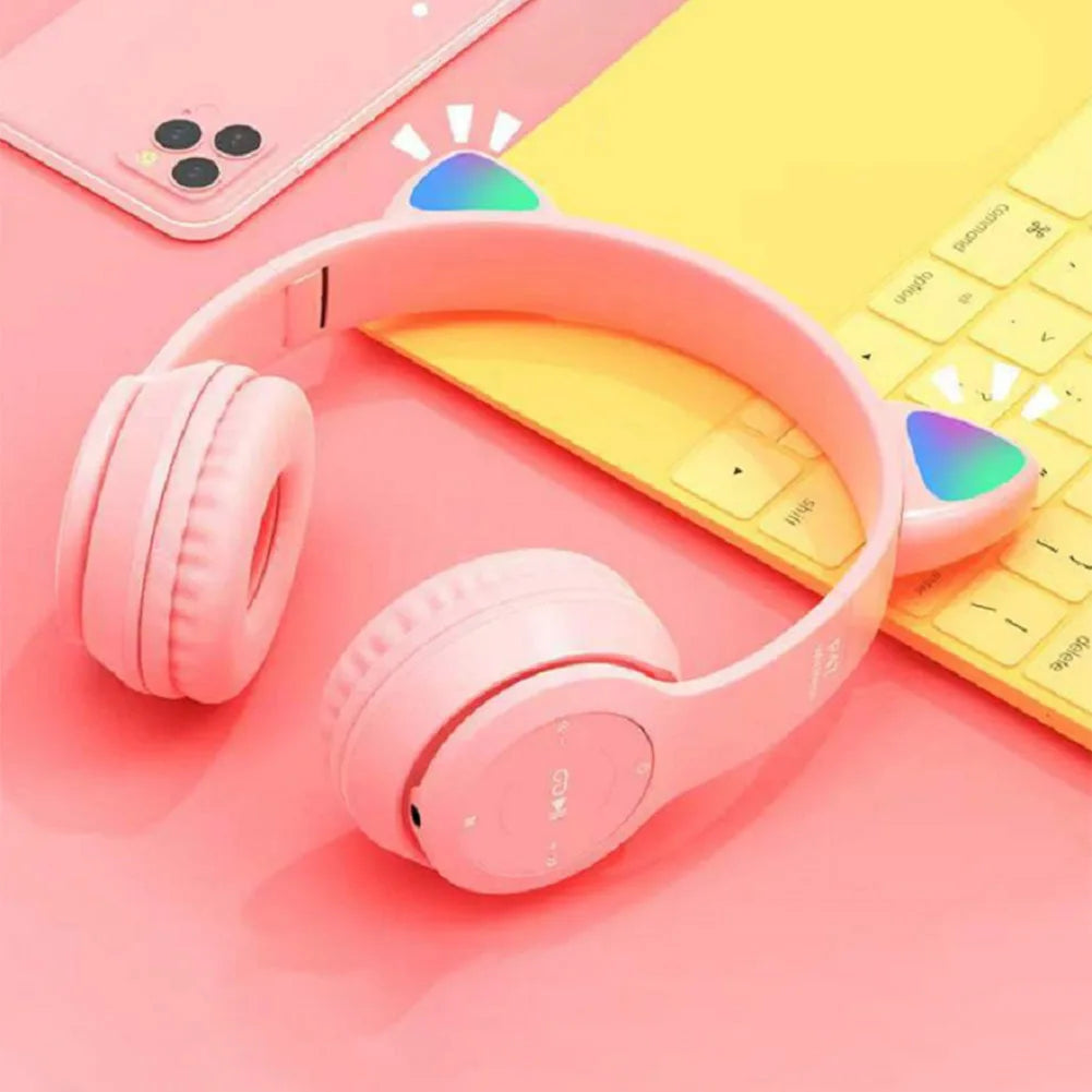 Auriculares con orejas de gato para niños y niñas, audífonos inalámbricos con luz LED RGB, estéreo, Bluetooth, música, PC, regalo para jugadores