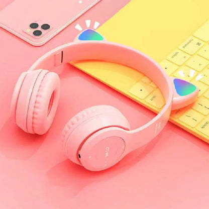 Auriculares con orejas de gato para niños y niñas, audífonos inalámbricos con luz LED RGB, estéreo, Bluetooth, música, PC, regalo para jugadores