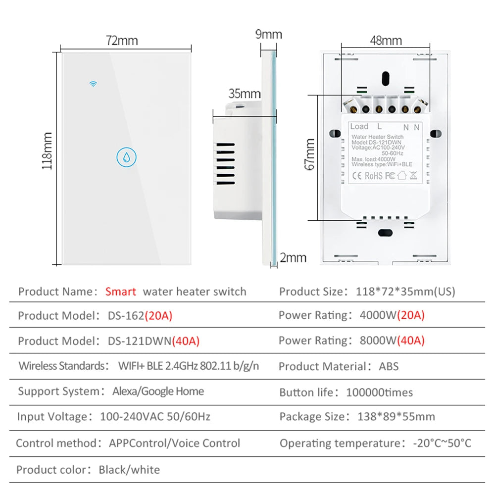 Interruptor de Pared Táctil para Calentador de Agua y A/C Wifi Inteligente Tuya 40A