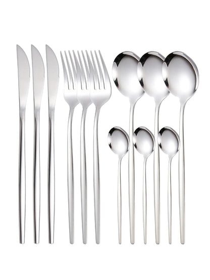 Set de Cubiertos Finos de Acero Inoxidable de 12 Piezas | Cuchillos de Bistec y Tenedores Portugal, Cucharas de Postre y Café