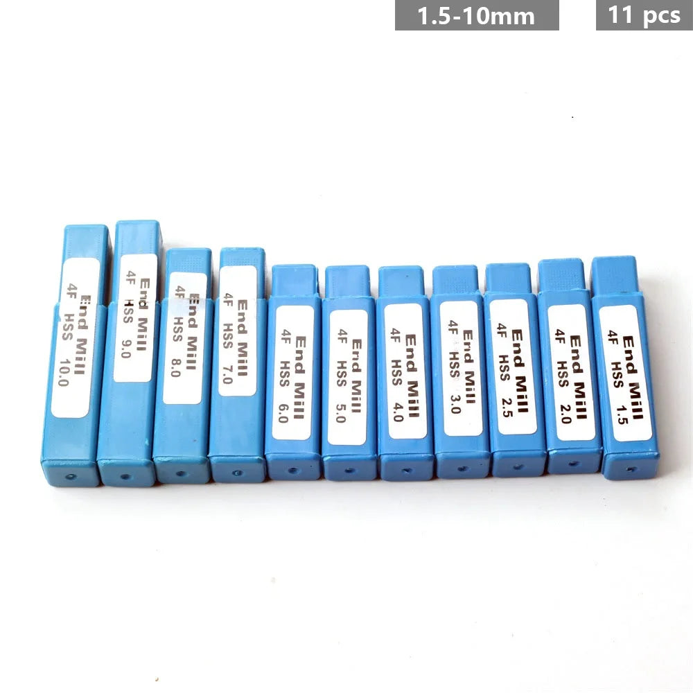 Juego de Fresas de 7 Piezas / 11 Piezas, Brocas Fresadoras de 4 Cortes con Revestimiento de Titanio de Carburo de Tungsteno de 1.5-10mm para Fresadora CNC en Madera y Acero