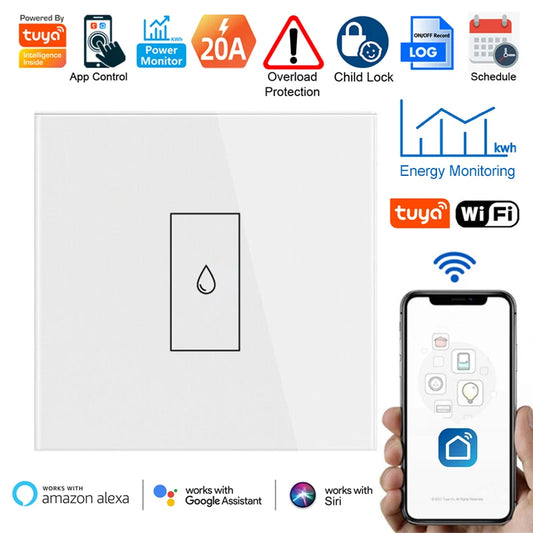 Interruptor Inteligente de Calentador de Agua Tuya 20A EU | Control Remoto App, Protección de Sobrecarga, Monitoreo de Energía, Compatible con Alexa