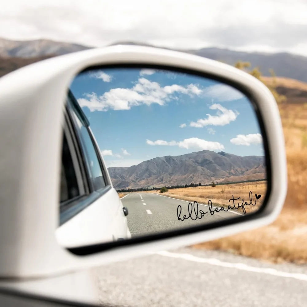 Vinilo Decorativo "Hello Beautiful" para Espejo Retrovisor de Auto - Sticker Impermeable para Ventana Trasera y Casco de Carreras
