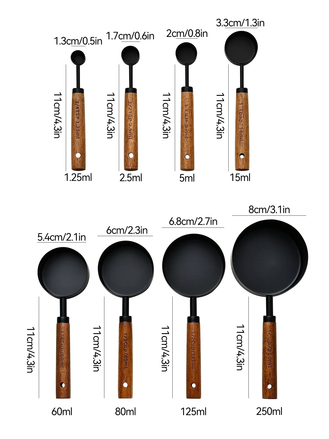Tazas Medidoras de Acero Inoxidable con Mango de Madera (4/8 Piezas) - Herramientas de Cocina para Repostería y Medición Precisa