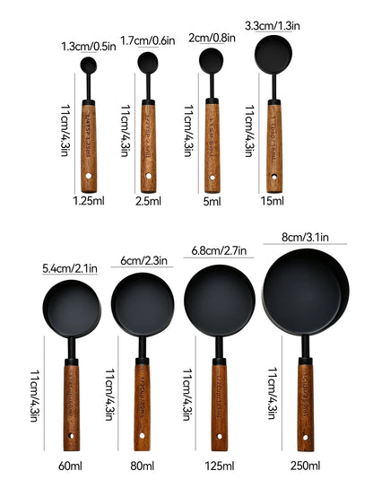 Tazas Medidoras de Acero Inoxidable con Mango de Madera (4/8 Piezas) - Herramientas de Cocina para Repostería y Medición Precisa