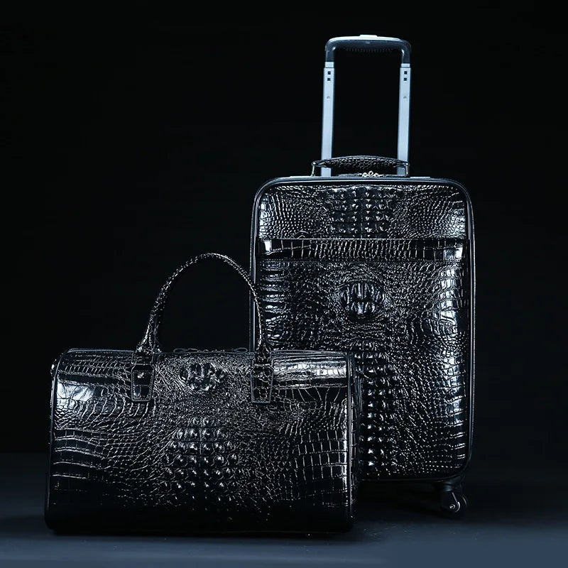 Maletero de Viaje de Cuero Genuino con Patrón de Cocodrilo, Juego de Equipaje con Mochila y Bolso de Mano, Maleta de Trolley para Hombres