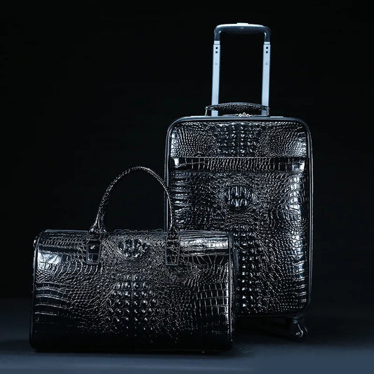 Maletero de Viaje de Cuero Genuino con Patrón de Cocodrilo, Juego de Equipaje con Mochila y Bolso de Mano, Maleta de Trolley para Hombres