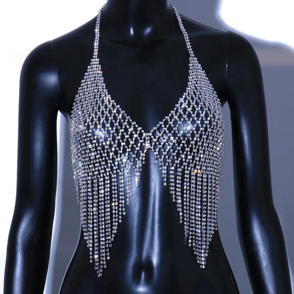 Collar de Cadena de Pecho con Borlas de Malla para Mujer, Lencería Sexy y Traje de Festival de Cristal de Lujo, Bikini y Sujetadores 2023