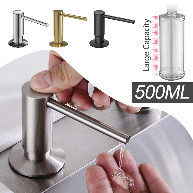 Dispensador de Jabón Líquido para Cocina de 500ml con Bomba Integrada – Latón y Níquel Cepillado, Negro, Fregadero de Presión Manual