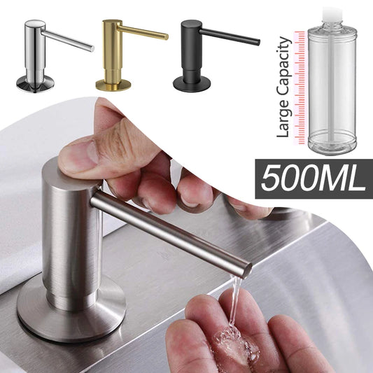 Dispensador de Jabón Líquido para Cocina de 500ml con Bomba Integrada – Latón y Níquel Cepillado, Negro, Fregadero de Presión Manual