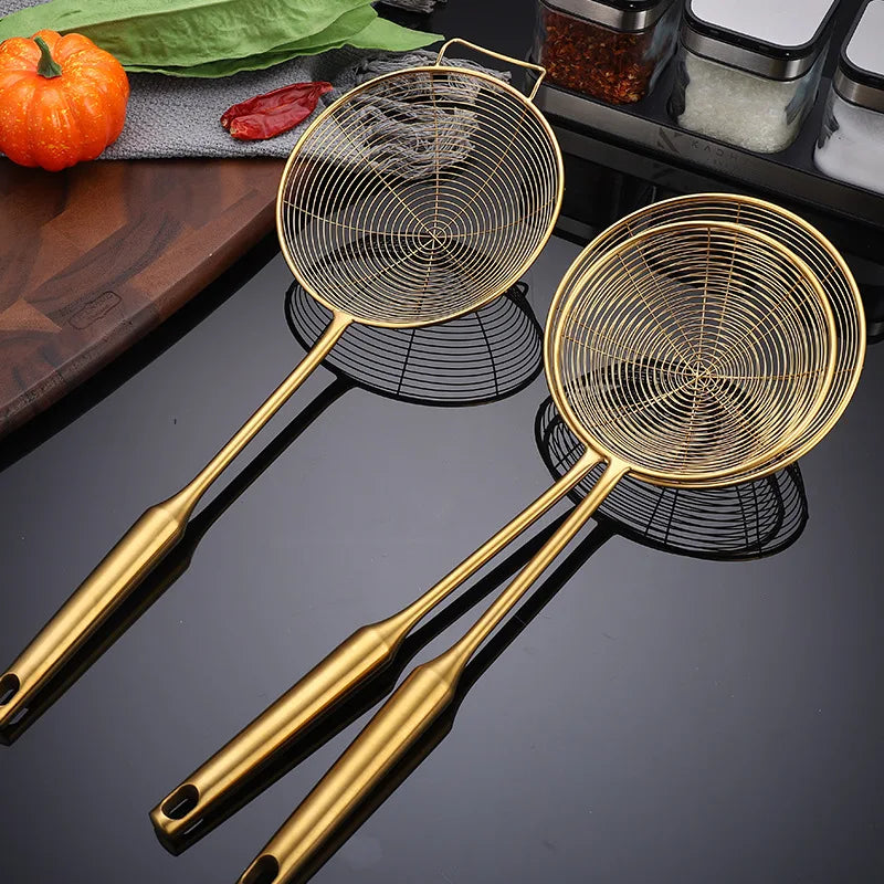 Colador de Espumador de Acero Inoxidable Dorado - Herramienta de Cocina para Freír y Filtrar Aceites