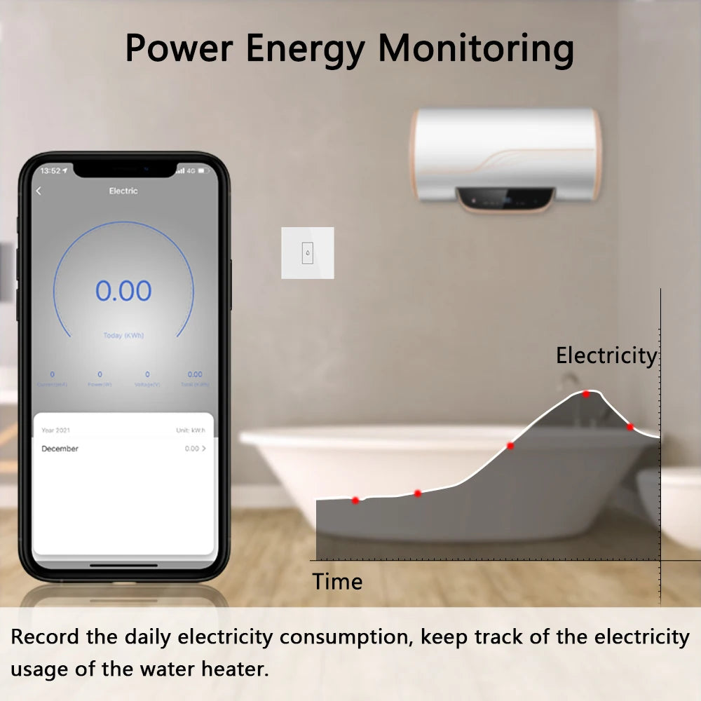 Interruptor Inteligente de Calentador de Agua Tuya 20A EU | Control Remoto App, Protección de Sobrecarga, Monitoreo de Energía, Compatible con Alexa