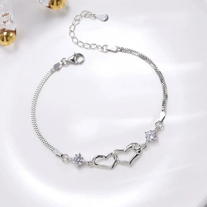 Pulsera de Plata de Ley 925 con Diseño de Corazón para Mujer - Brazalete Romántico de Cristal de Lujo, Ideal para Fiesta, Boda y Regalo de Joyería Original