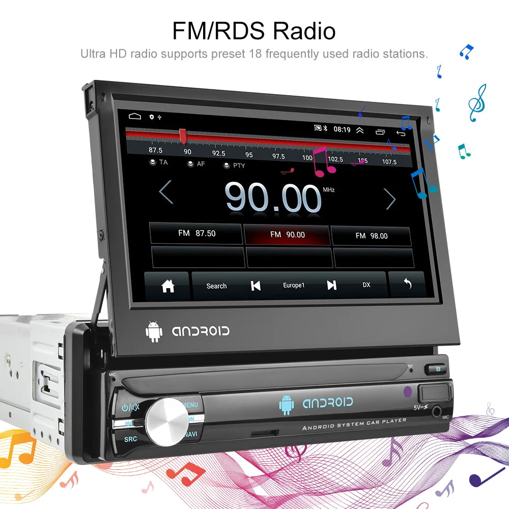 Reproductor de Radio para Automóvil TOPSOURCE 1 DIN - Android 12, Pantalla Retráctil de 7", GPS, WiFi, CarPlay, Bluetooth, FM