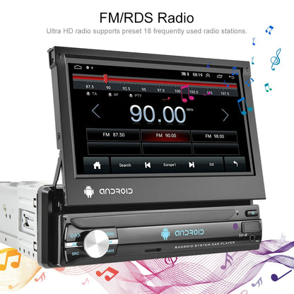 Reproductor de Radio para Automóvil TOPSOURCE 1 DIN - Android 12, Pantalla Retráctil de 7", GPS, WiFi, CarPlay, Bluetooth, FM
