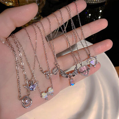 Collar de Pendant de Cristal Y2K con Lazo y Alas de Ángel - Joyería Aesthetic para Mujeres, Cadena Clavicular Trendy