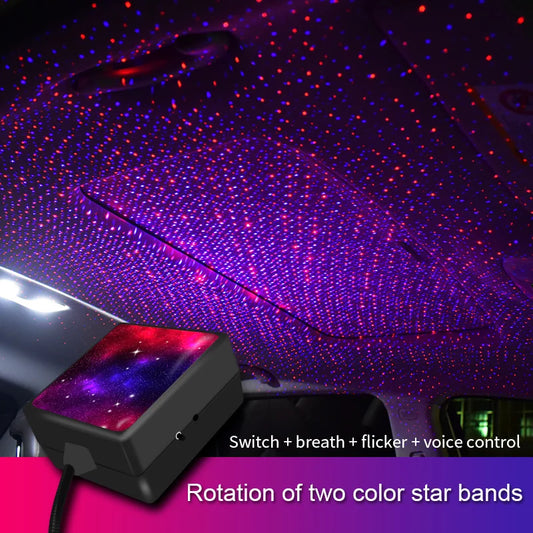 Luz de Techo Dinámica de Autorrotación USB para Coche, Doble Color, LED Interior, Proyector de Ambiente Estrellado, Decoración Galáctica