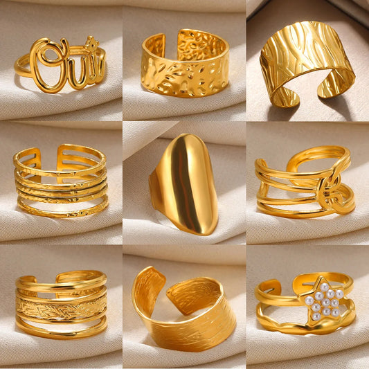 Anillos de Acero Inoxidable 316L para Mujer - Anillo Ancho Geométrico con Corazón Ajustable - Joyería de Moda
