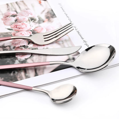 Set de Cubiertos Drmfiy Rosa y Plateado de Acero Inoxidable | Cuchillo, Tenedor, Cuchara y Cucharita | Cubertería de Alta Calidad para Cocina y Viajes