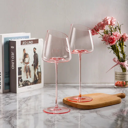 Juego de Copas de Vino Tinto de Flamenco Rosa Francés - Copas de Cristal con Boca Inclinada Creativa y Fondo Cóncavo, También para Champán Azul