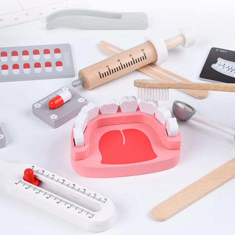 Juguetes Educativos de Simulación de Dentista de Madera, Set de Role Playing para Niños, Juego de Cepillado de Dientes y Medicina