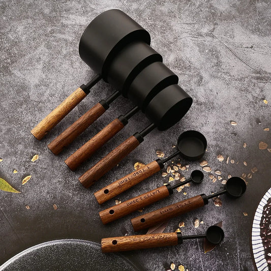 Tazas Medidoras de Acero Inoxidable con Mango de Madera (4/8 Piezas) - Herramientas de Cocina para Repostería y Medición Precisa